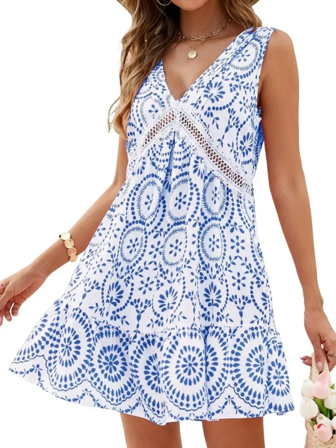 Printed V-Neck Sleeveless Mini Dress - Trendsi - Flyclothing LLC