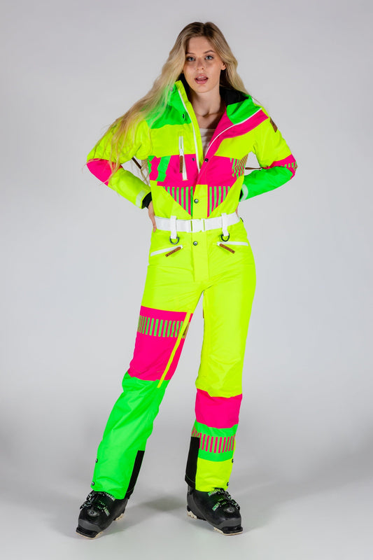 The Cat Track Fever | Neon Yellow Retro Women's One Piece Ski Suit - Shinesty