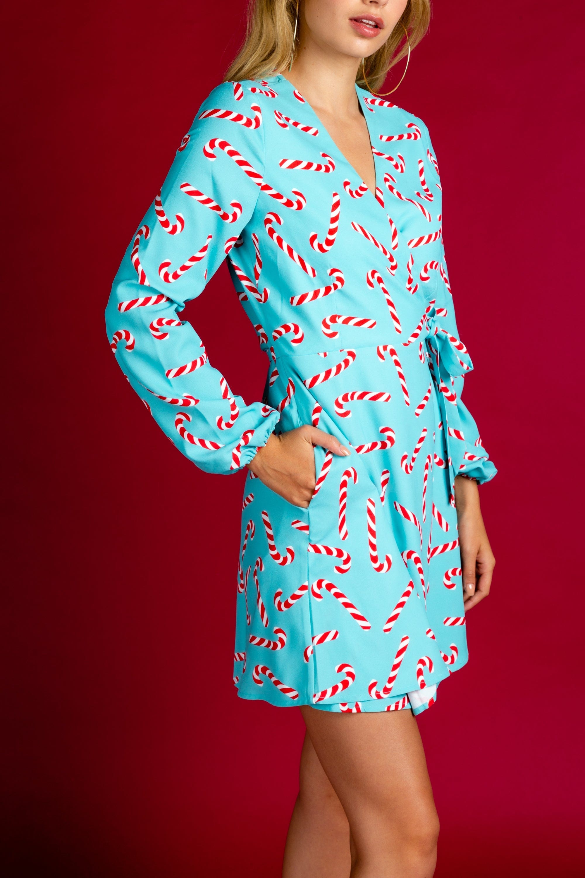 The Peppermint Pimp Canes | Candy Cane Print Christmas Wrap Dress - Shinesty