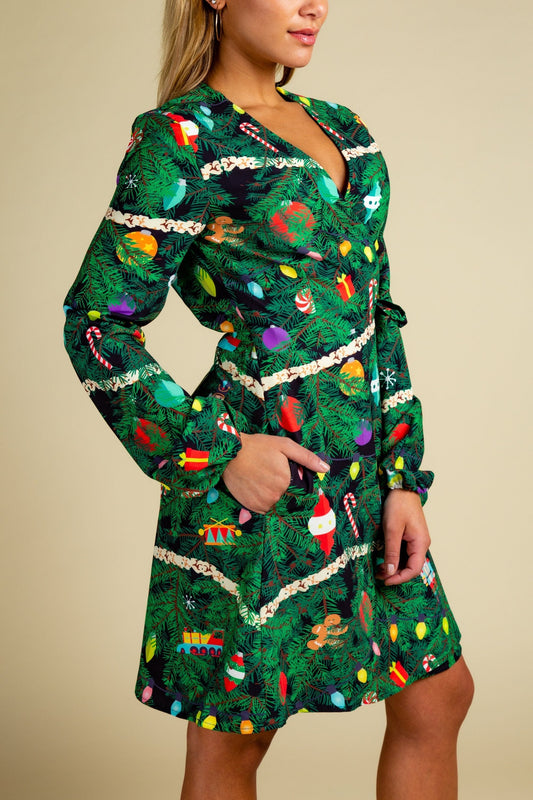 The Christmas Tree Camo | Christmas Tree Print Wrap Dress - Shinesty