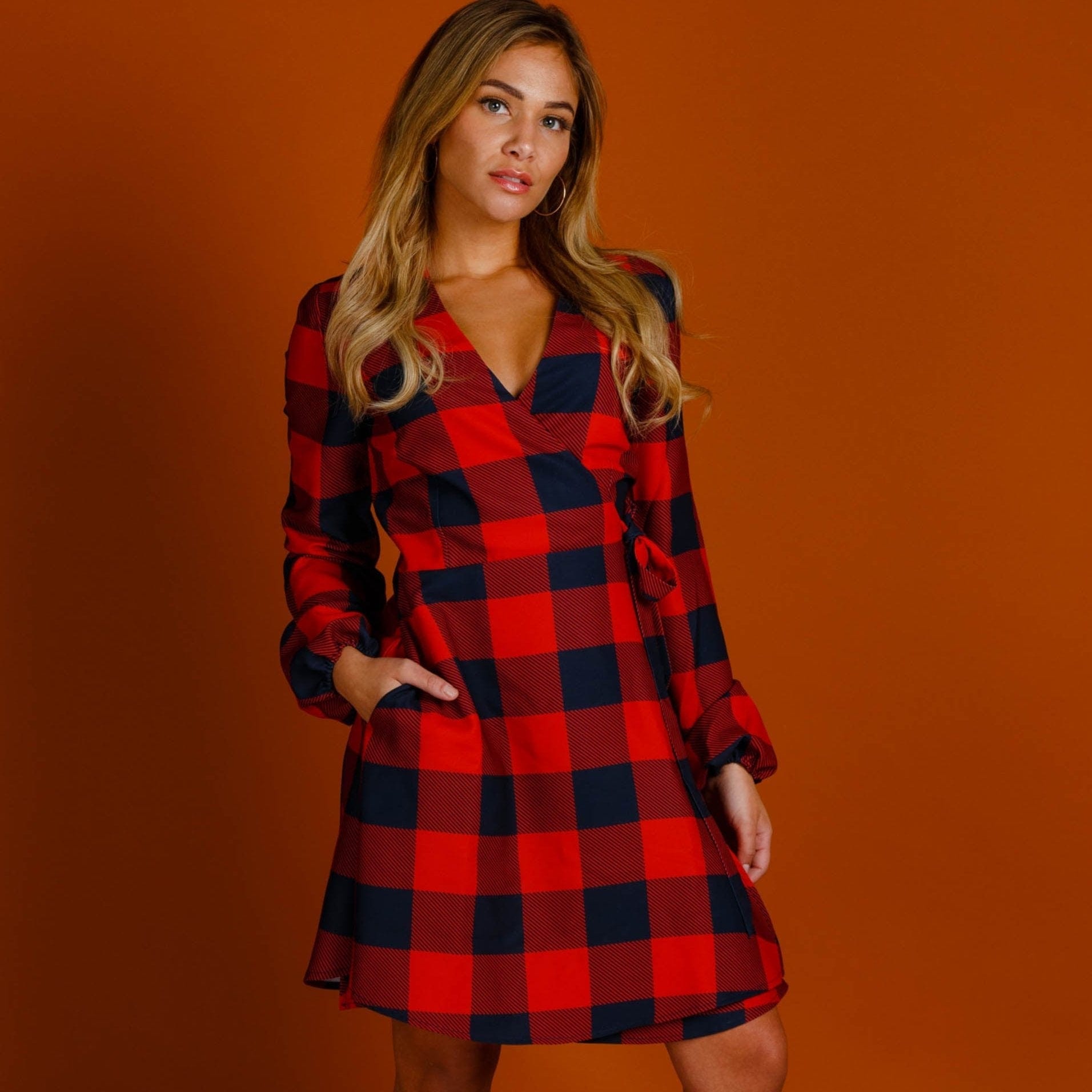 The Red & Black Lumberjack | Red Buffalo Check Christmas Wrap Dress - Shinesty