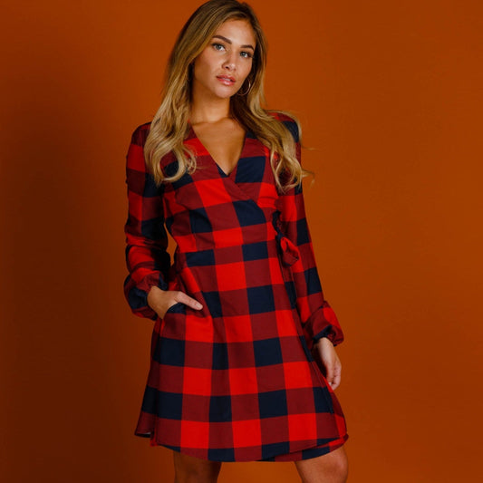The Red & Black Lumberjack | Red Buffalo Check Christmas Wrap Dress - Shinesty