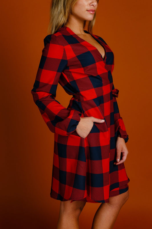 The Red & Black Lumberjack | Red Buffalo Check Christmas Wrap Dress - Shinesty