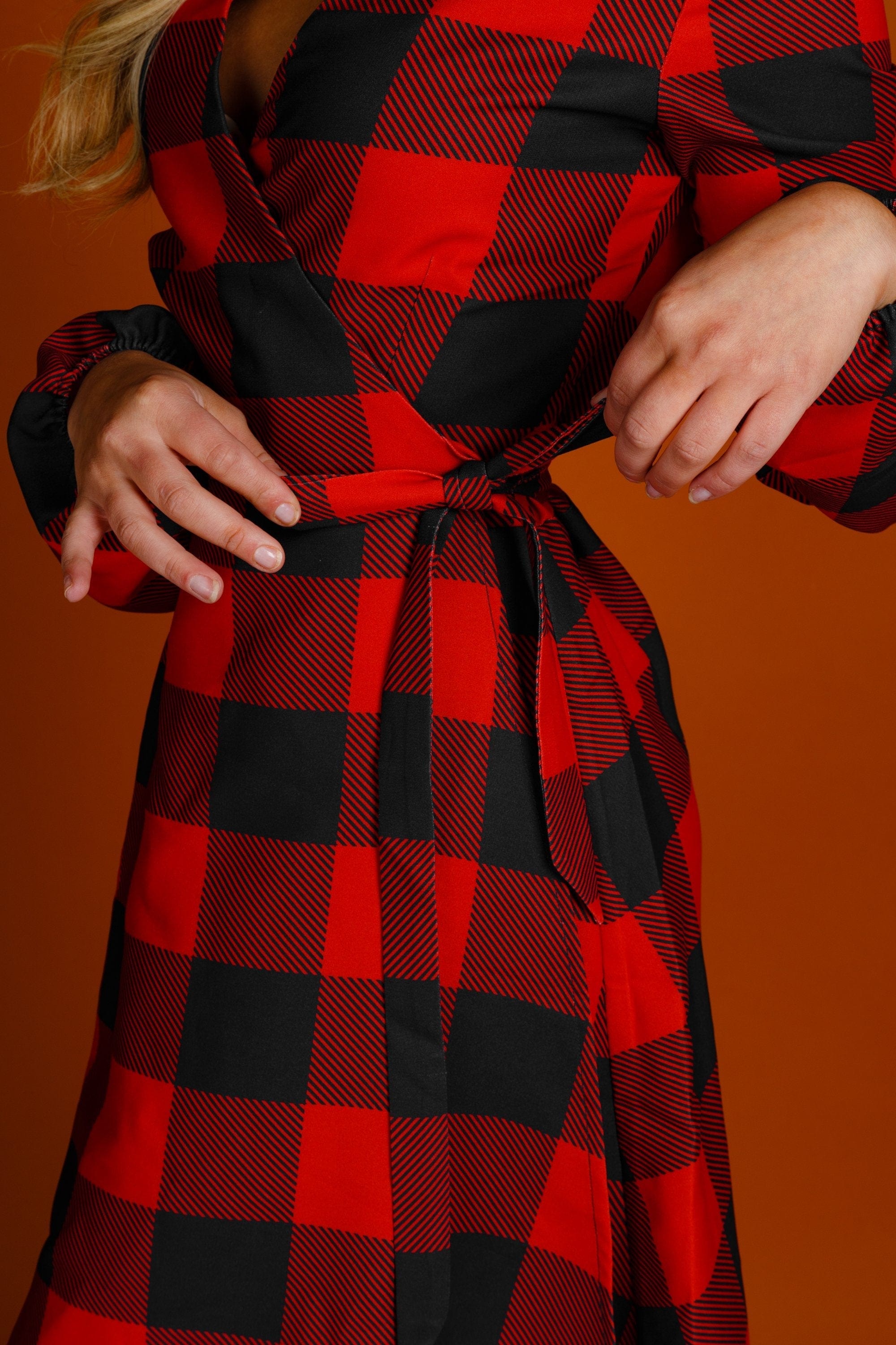 The Red & Black Lumberjack | Red Buffalo Check Christmas Wrap Dress - Shinesty