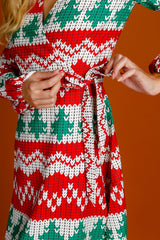 The Red Ryder | Knit Print Christmas Wrap Dress - Shinesty