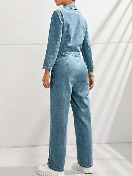 Half Button Long Sleeve Straight Leg Denim Jumpsuit - Trendsi - Flyclothing LLC
