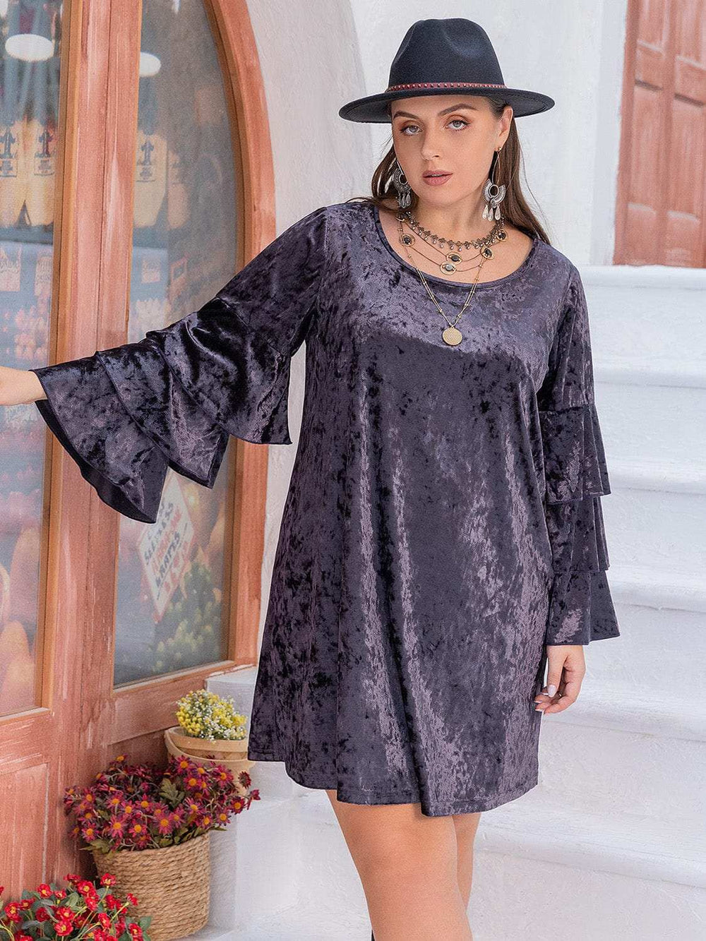 Plus Size Round Neck Flounce Sleeve Mini Dress - Trendsi - Flyclothing LLC