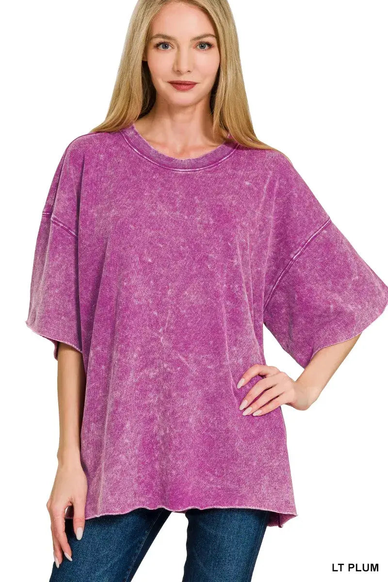 Zenana French Terry Washed Drop Shoulder Short Sleeve Top - Trendsi - Flyclothing LLC