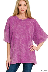 Zenana French Terry Washed Drop Shoulder Short Sleeve Top - Trendsi - Flyclothing LLC