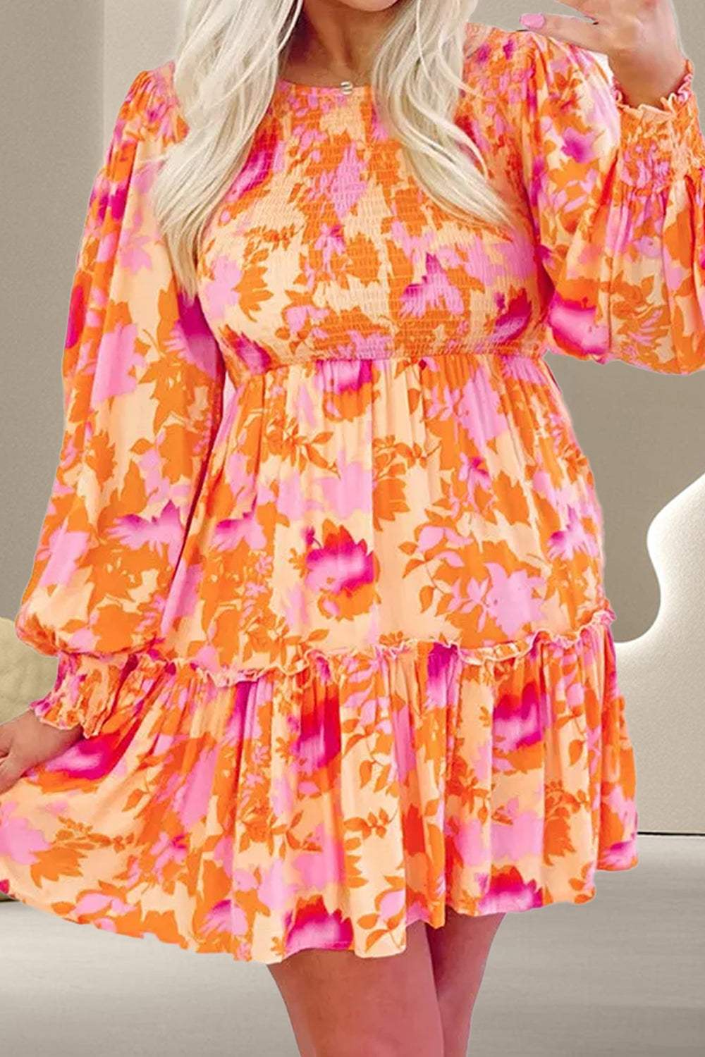 Frill Printed Long Sleeve Mini Dress - Trendsi - Flyclothing LLC