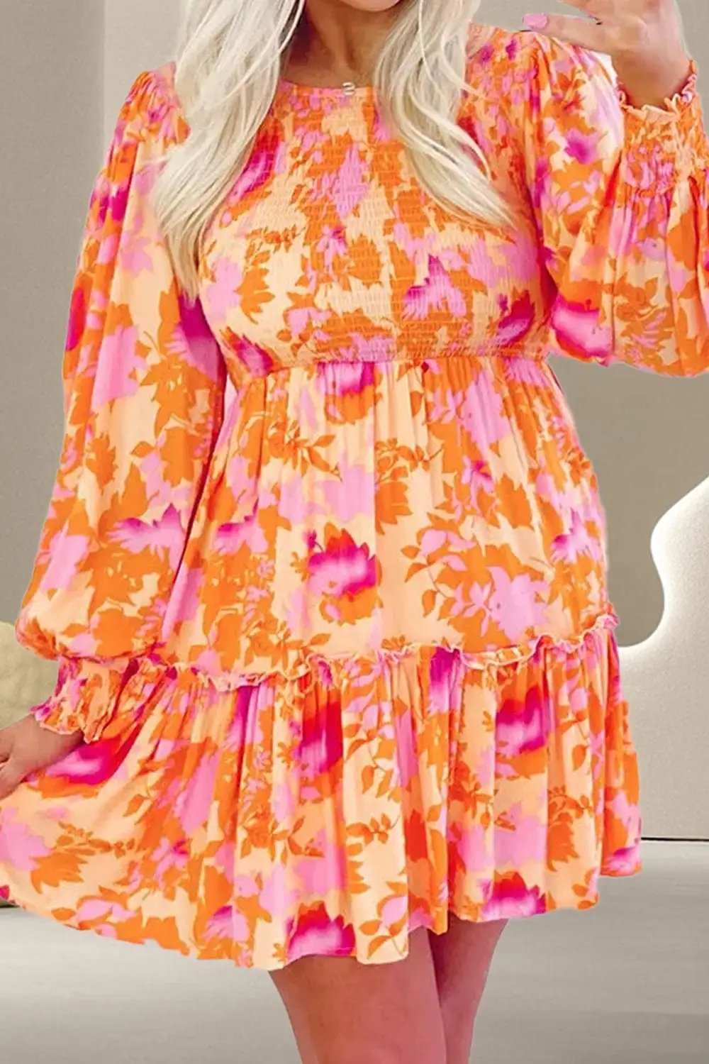 Frill Printed Long Sleeve Mini Dress - Trendsi - Flyclothing LLC