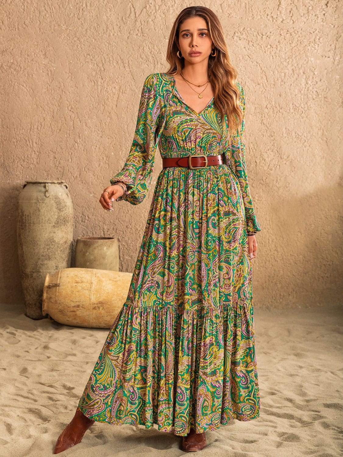Printed Tie Neck Long Sleeve Dress - Trendsi