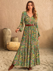 Printed Tie Neck Long Sleeve Dress - Trendsi