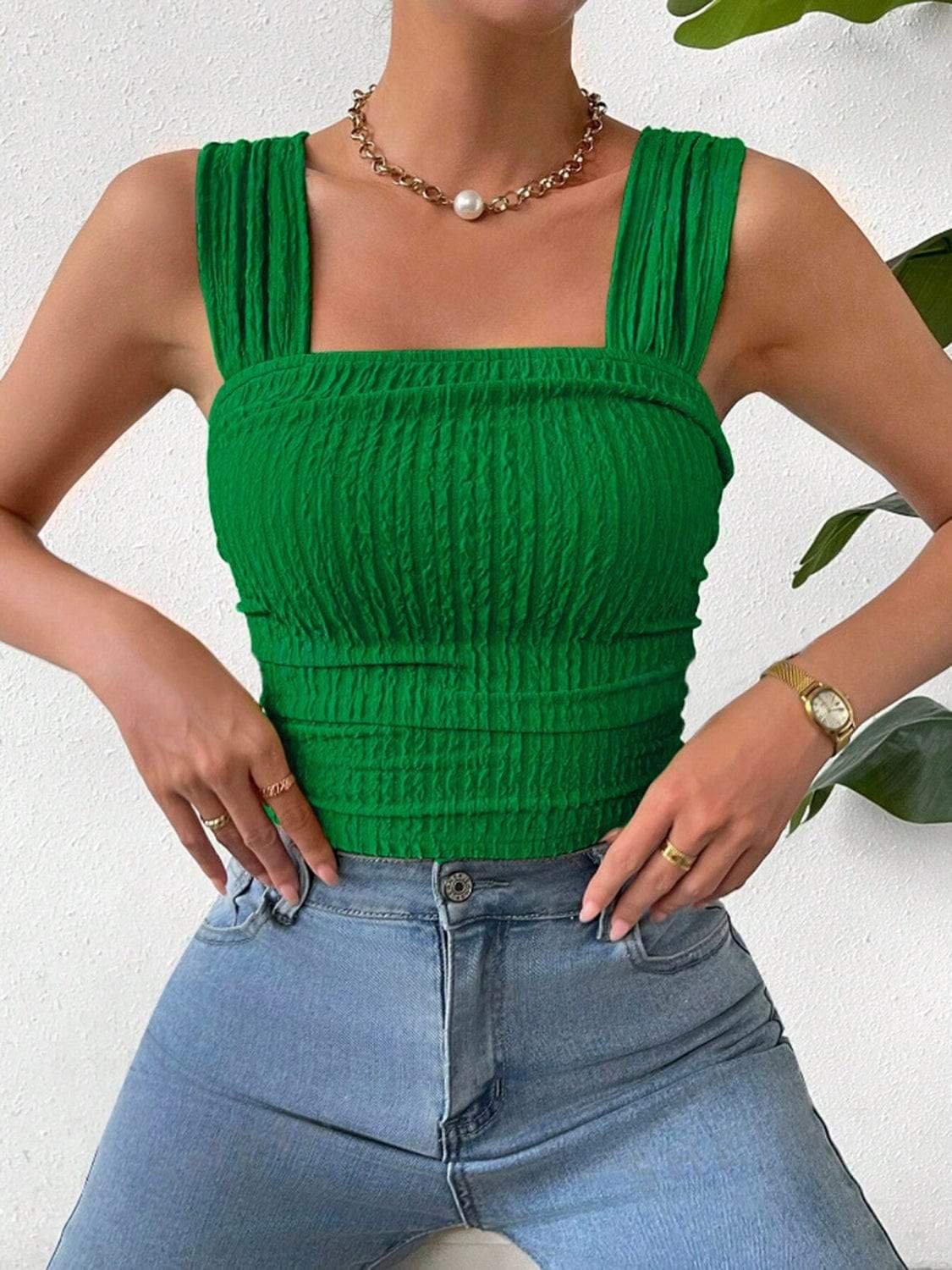 Textured Square Neck Wide Strap Tank - Trendsi - Flyclothing LLC