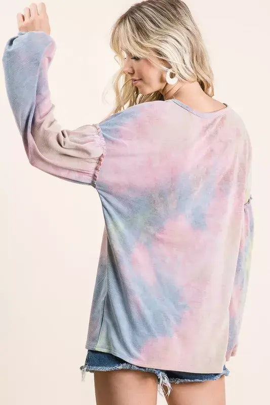BiBi Tie Dye French Terry Sweatshirt With Bubble Sleeves - Trendsi - Flyclothing LLC