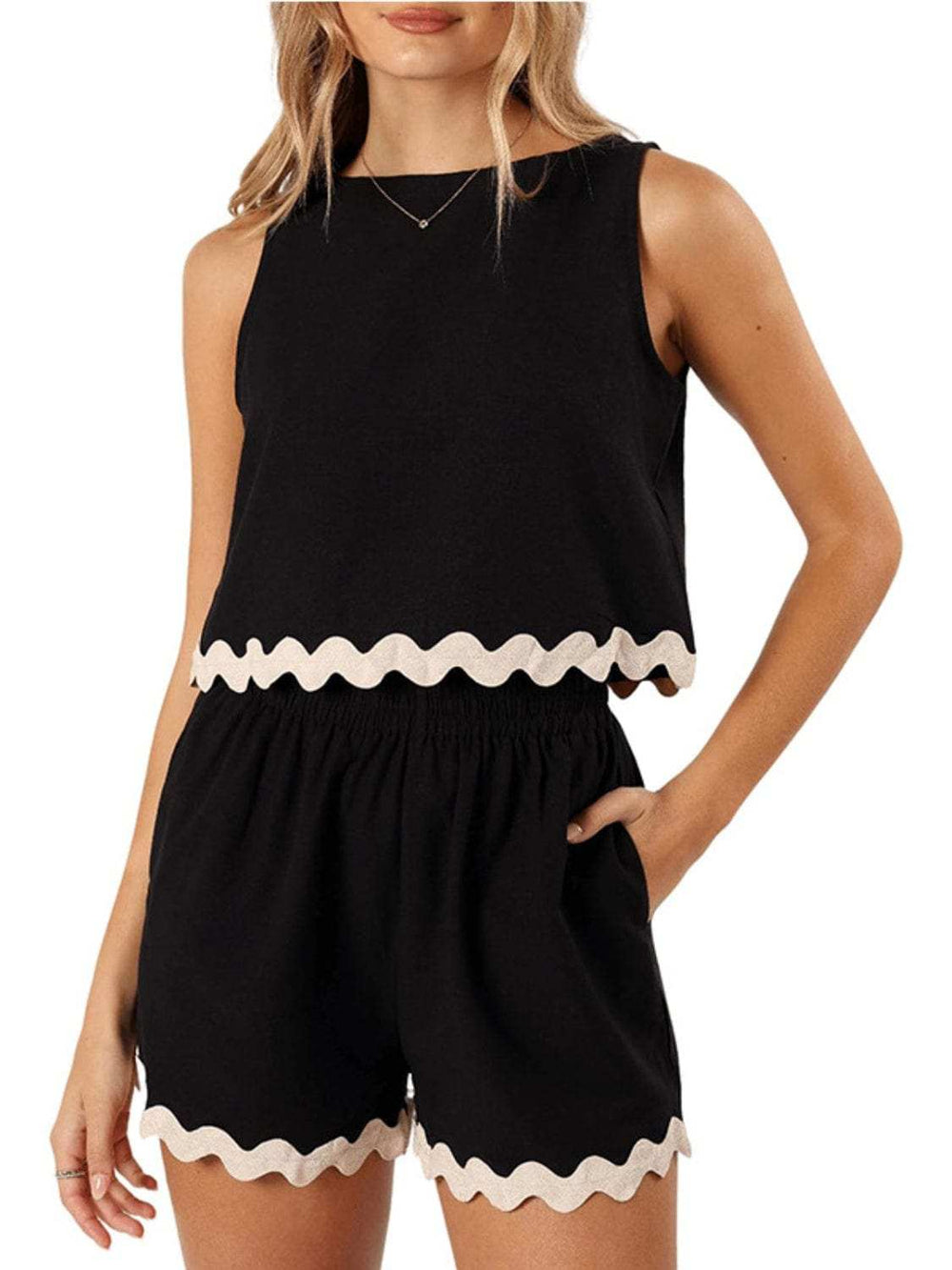 Contrast Trim Round Neck Top and Shorts Set - Trendsi - Flyclothing LLC