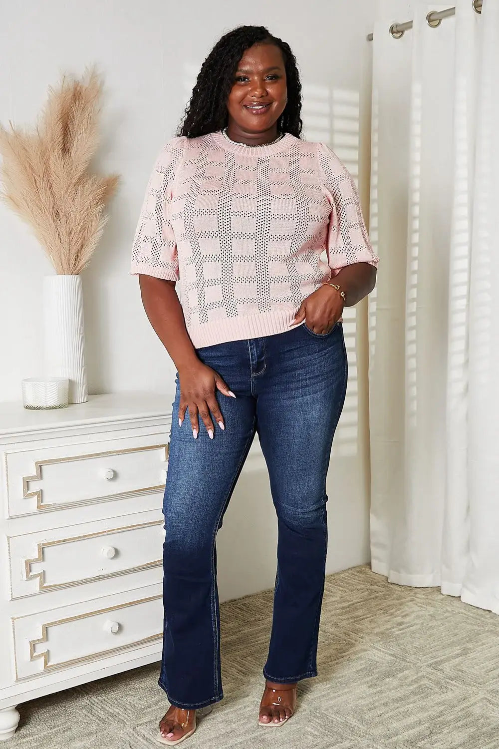 Mandy Ribbed Trim Round Neck Knit Top - Trendsi - Flyclothing LLC