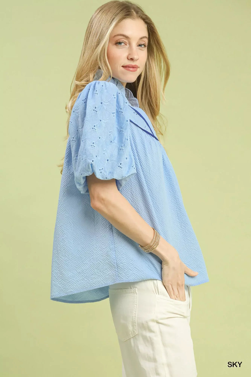 Umgee Puff Sleeve Eyelet Mix Top with Contrast Piping - Trendsi - Flyclothing LLC