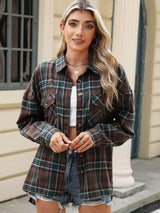 Pocketed Plaid Collared Neck Long Sleeve Shirt - Trendsi - Flyclothing LLC