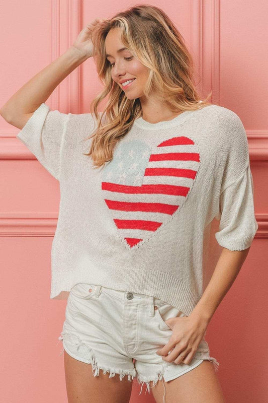 BiBi Striped Heart Contrast Knit Top - Trendsi - Flyclothing LLC