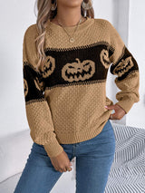 Pumpkin Round Neck Long Sleeve Sweater - Trendsi - Flyclothing LLC