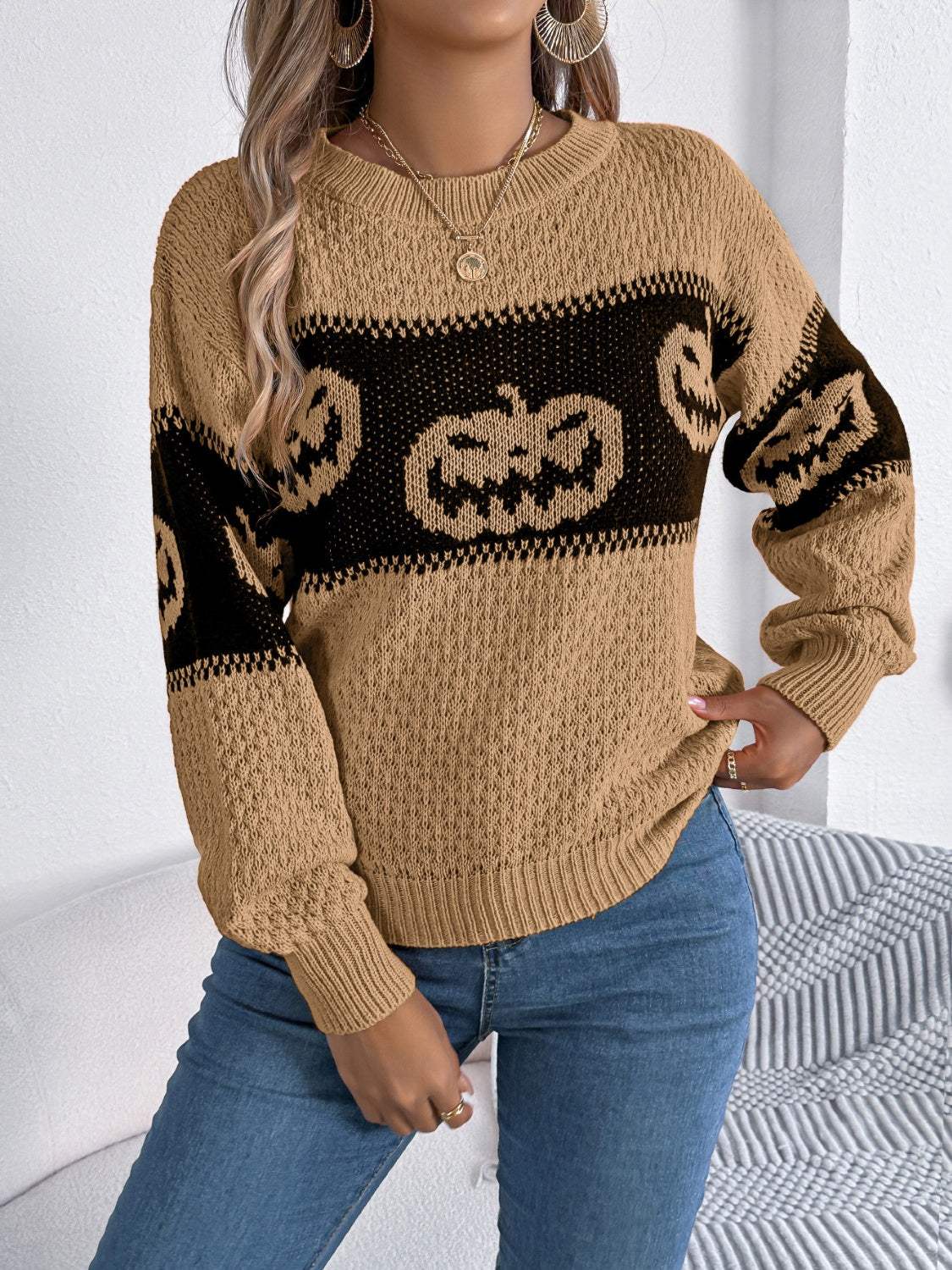 Pumpkin Round Neck Long Sleeve Sweater - Trendsi - Flyclothing LLC