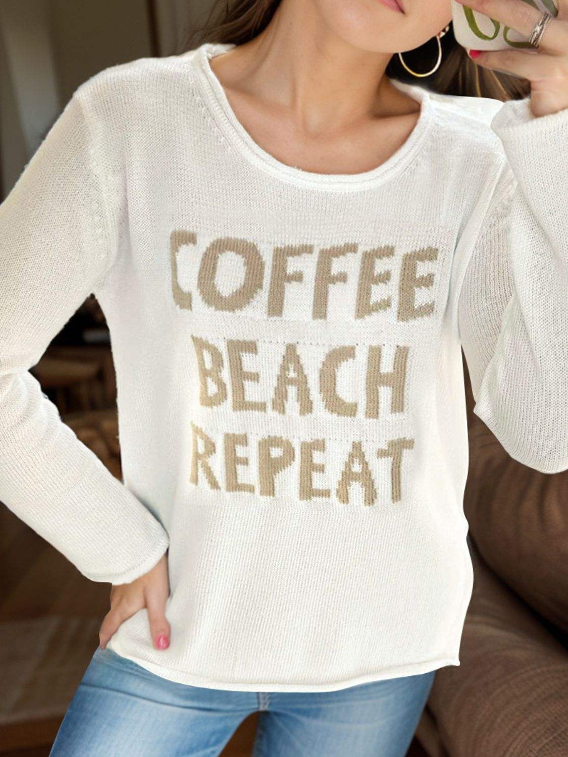 Letter Graphic Round Neck Long Sleeve Sweater - Trendsi - Flyclothing LLC