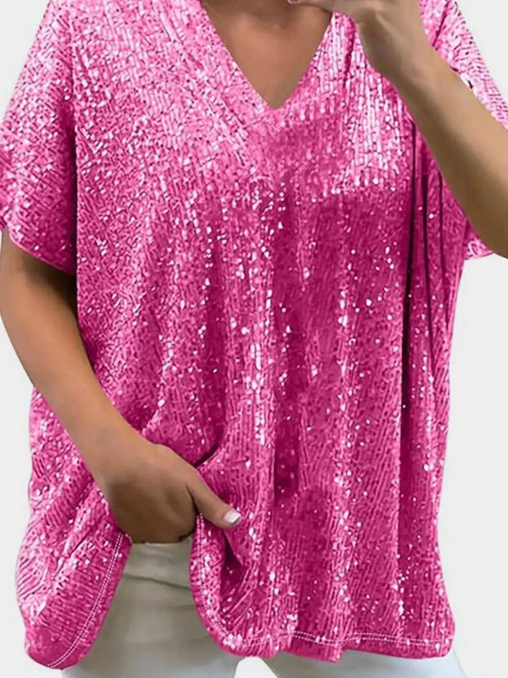 Full Size Sequin V-Neck Short Sleeve Top - Trendsi - Flyclothing LLC