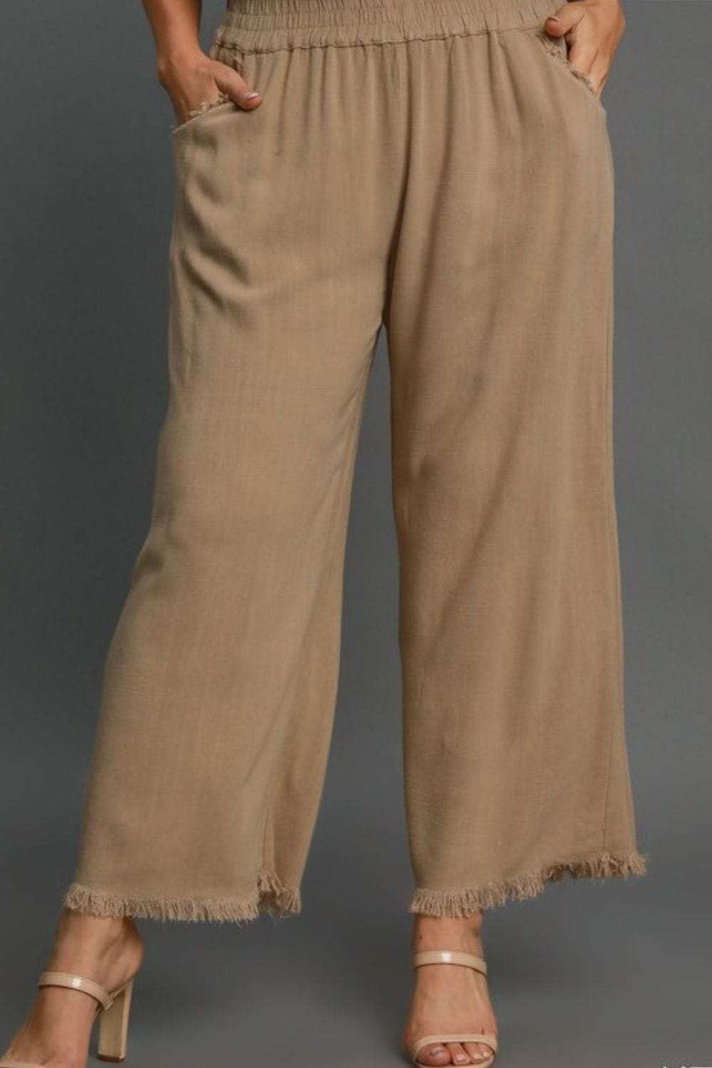 Umgee Full Size Linen Blend Elastic Waistband Wide Leg Pants Plus Size - Trendsi - Flyclothing LLC