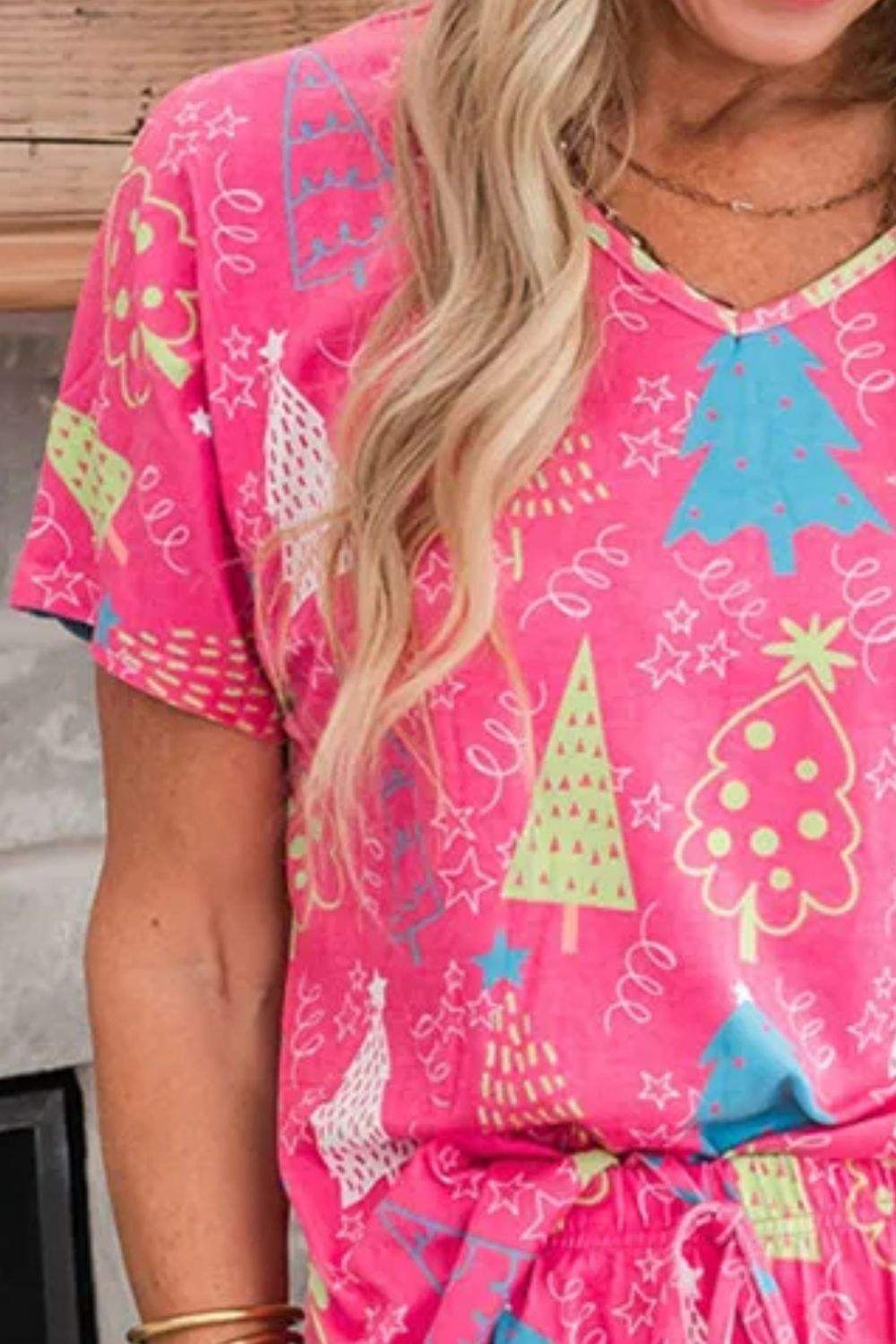 Printed V-Neck Short Sleeve Top and Pants Lounge Set - Trendsi - Flyclothing LLC