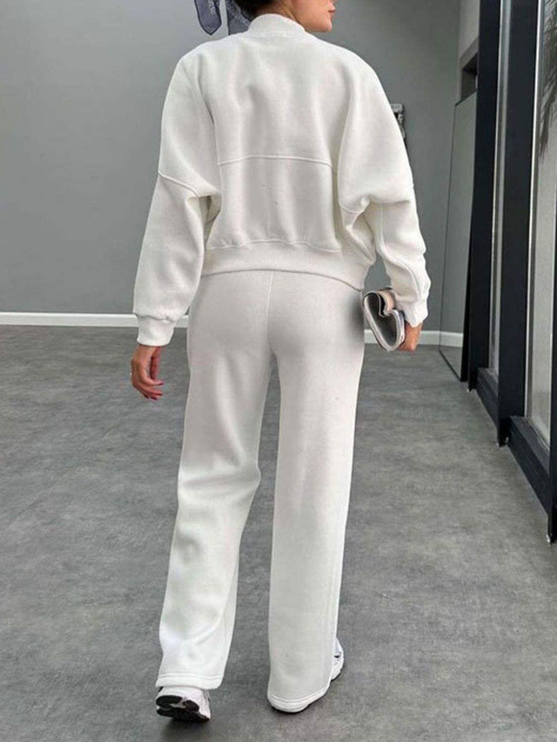 Baseball Collar Zip Up Outerwear and Drawstring Pants Set - Trendsi - Flyclothing LLC