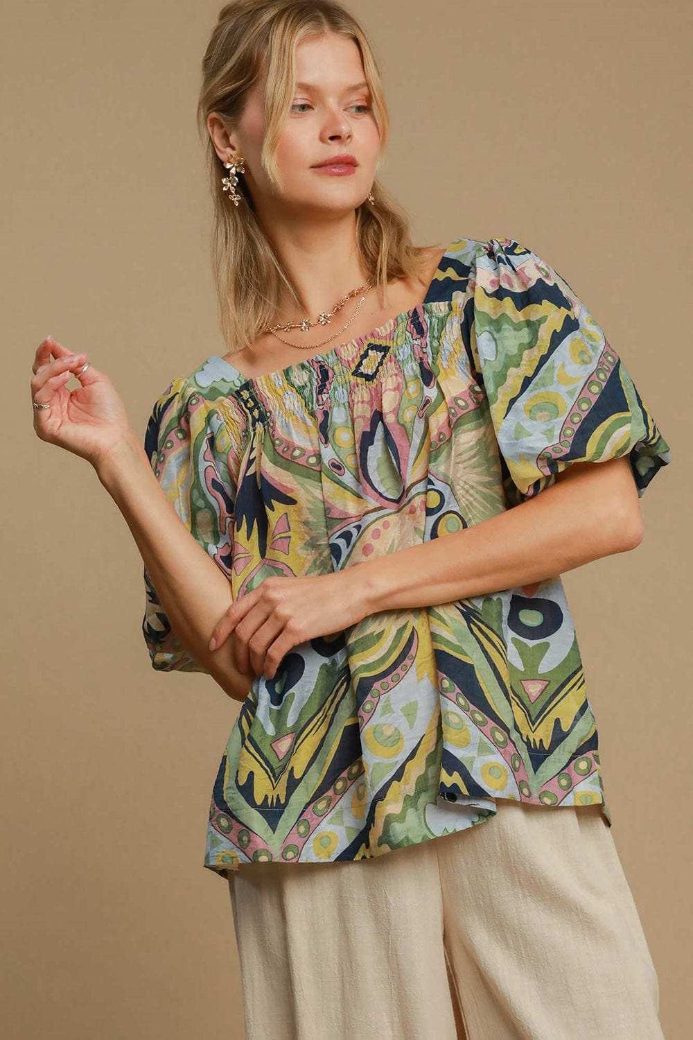 Umgee Full Size Abstract Print Smocked Square Neck Puff Sleeve Blouse - Trendsi - Flyclothing LLC