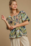 Blusa de manga abullonada con escote cuadrado fruncido y estampado abstracto de tamaño completo de Umgee