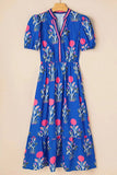 Floral Puff Short Sleeve Notched High Waist Dress - Trendsi