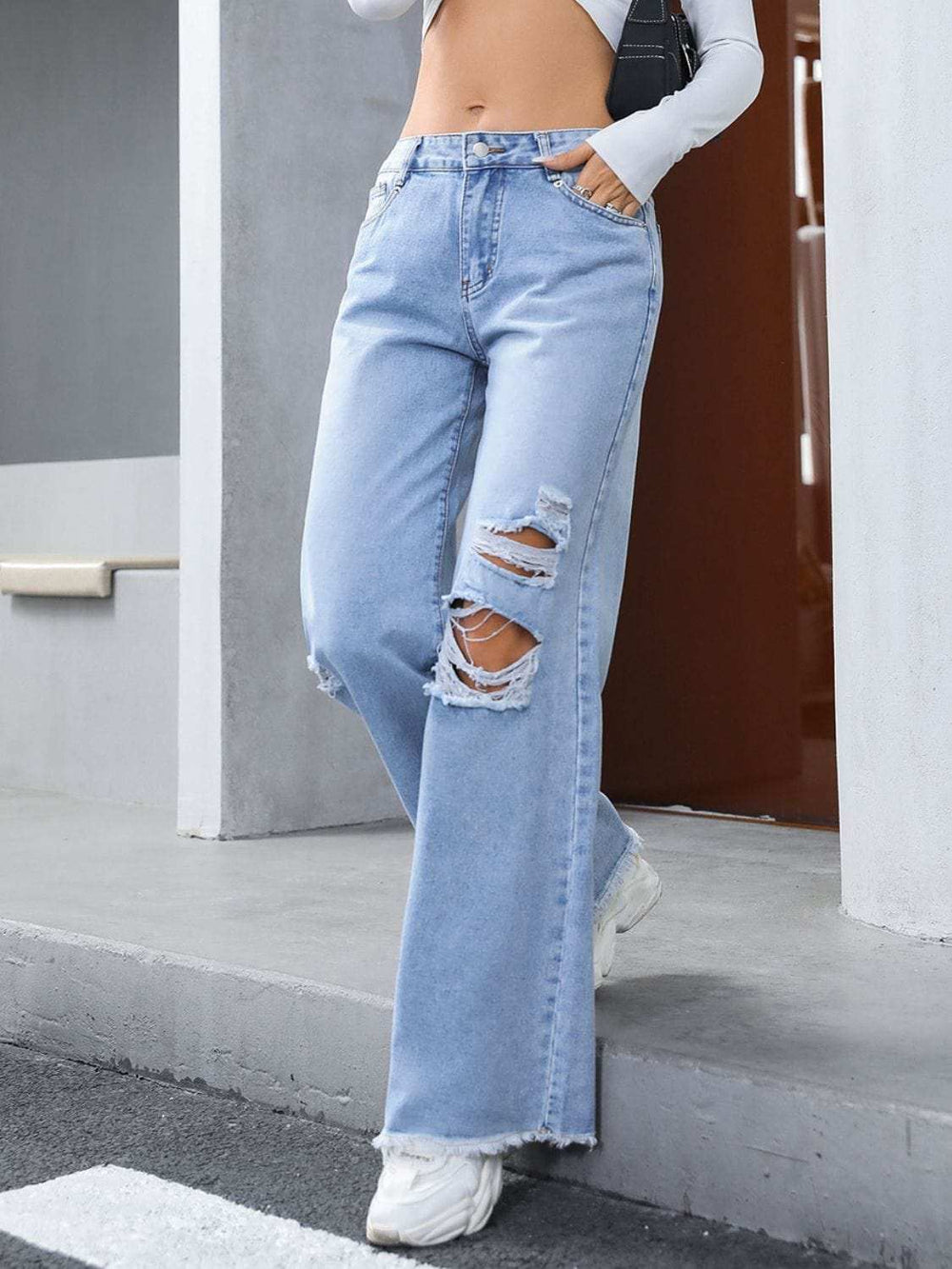 Distressed Raw Hem Wide Leg Jeans - Trendsi - Flyclothing LLC