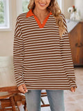 Striped Johnny Collar Long Sleeve T-Shirt - Trendsi - Flyclothing LLC