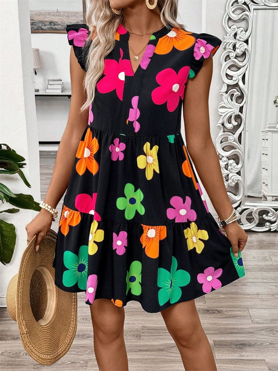 Ruffled Printed Notched Cap Sleeve Dress - Trendsi