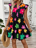Ruffled Printed Notched Cap Sleeve Dress - Trendsi