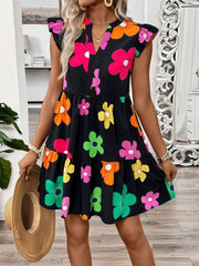 Ruffled Printed Notched Cap Sleeve Dress - Trendsi
