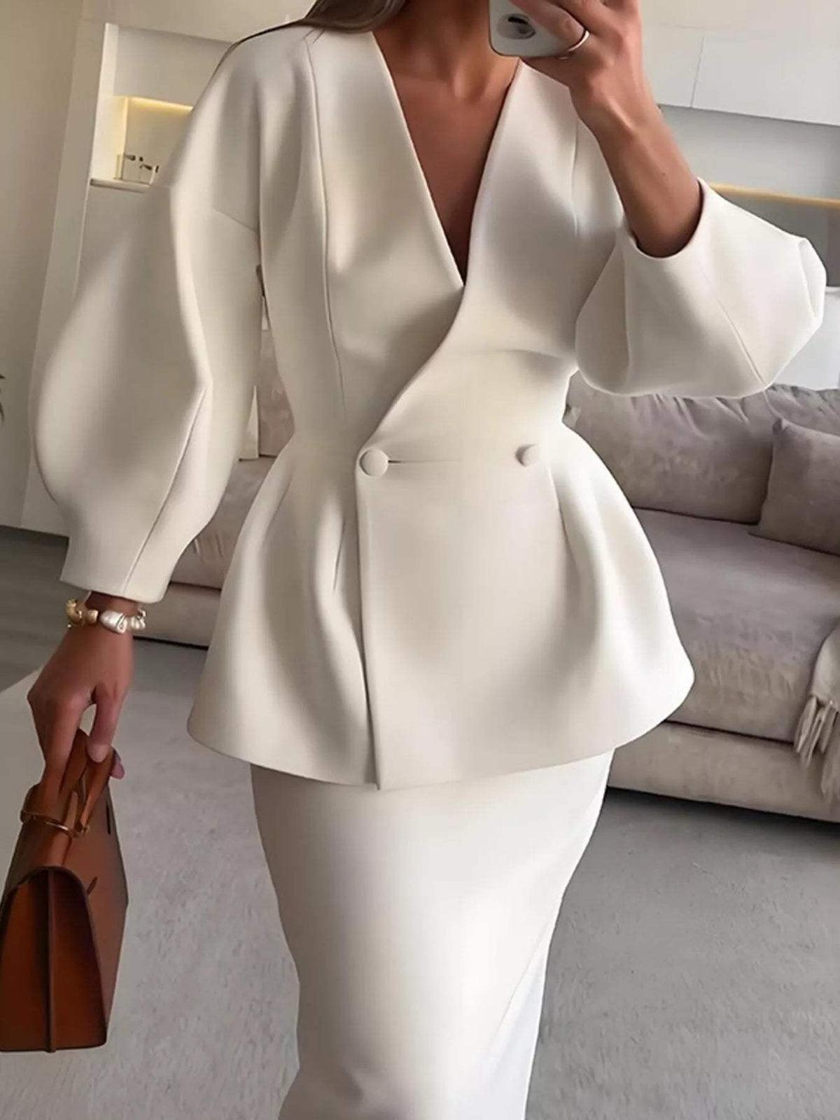 Double-Breasted Peplum Blazer and Skirt Set - Trendsi - Flyclothing LLC