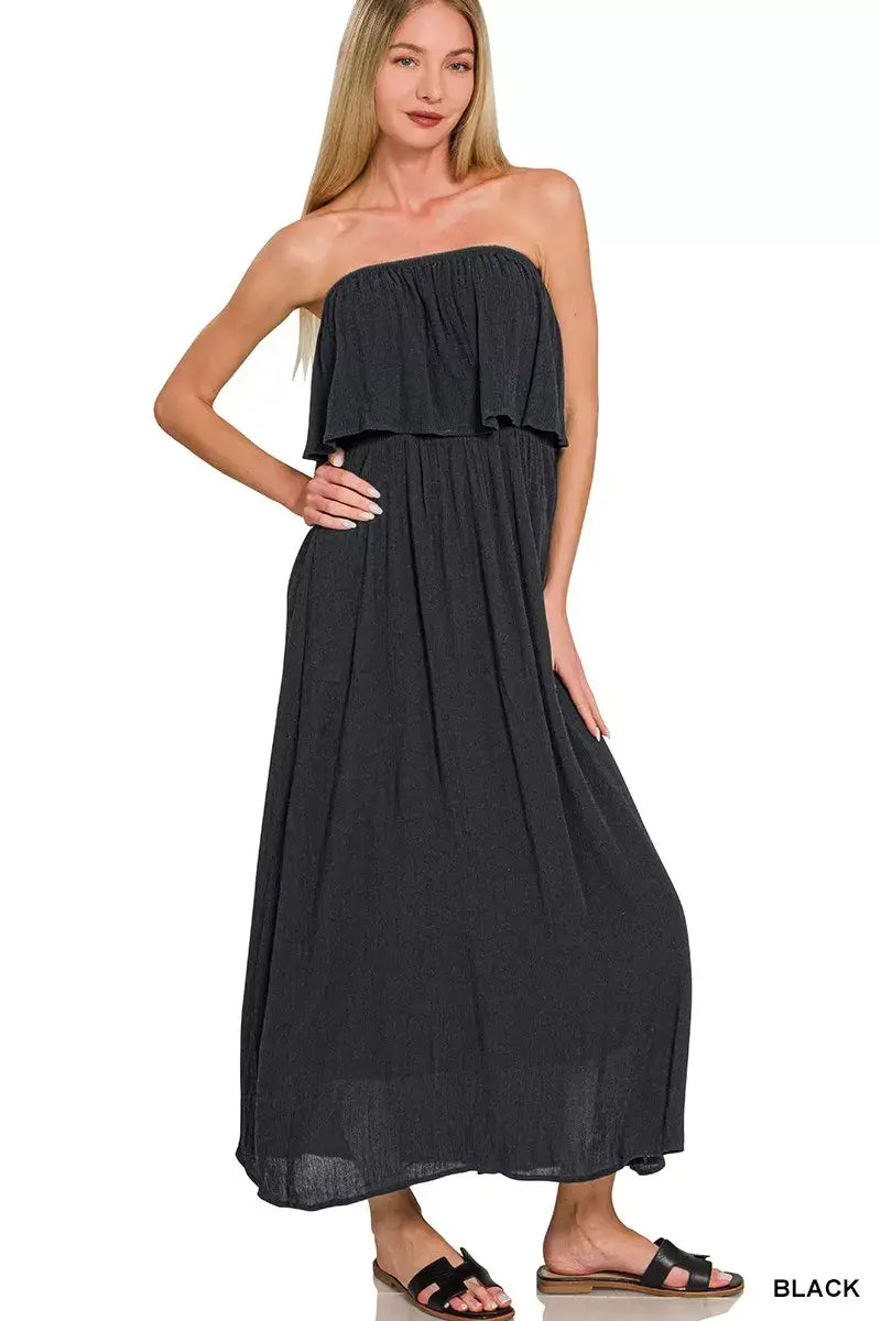 Zenana Woven Crinkle Strapless Maxi Dress - Trendsi - Flyclothing LLC