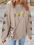 Gobble Corded Ribbed Thanksgiving Turkey Sequin Patched Sleeve Sweatshirt - Trendsi - Flyclothing LLC