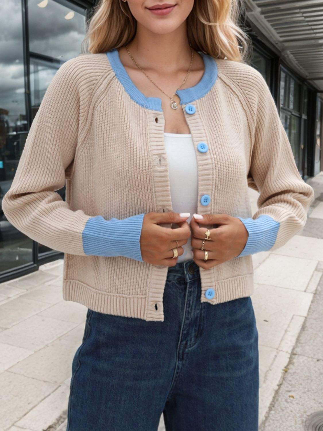 Contrast Button Up Long Sleeve Cardigan - Trendsi - Flyclothing LLC
