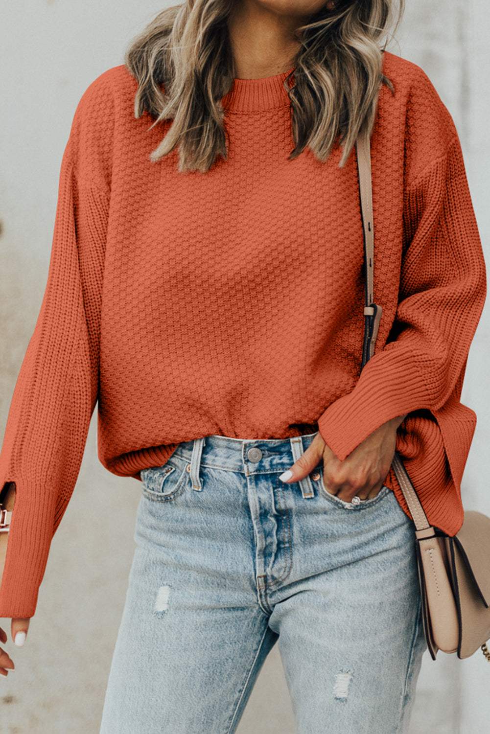 Textured Round Neck Long Sleeve Sweater - Trendsi - Flyclothing LLC