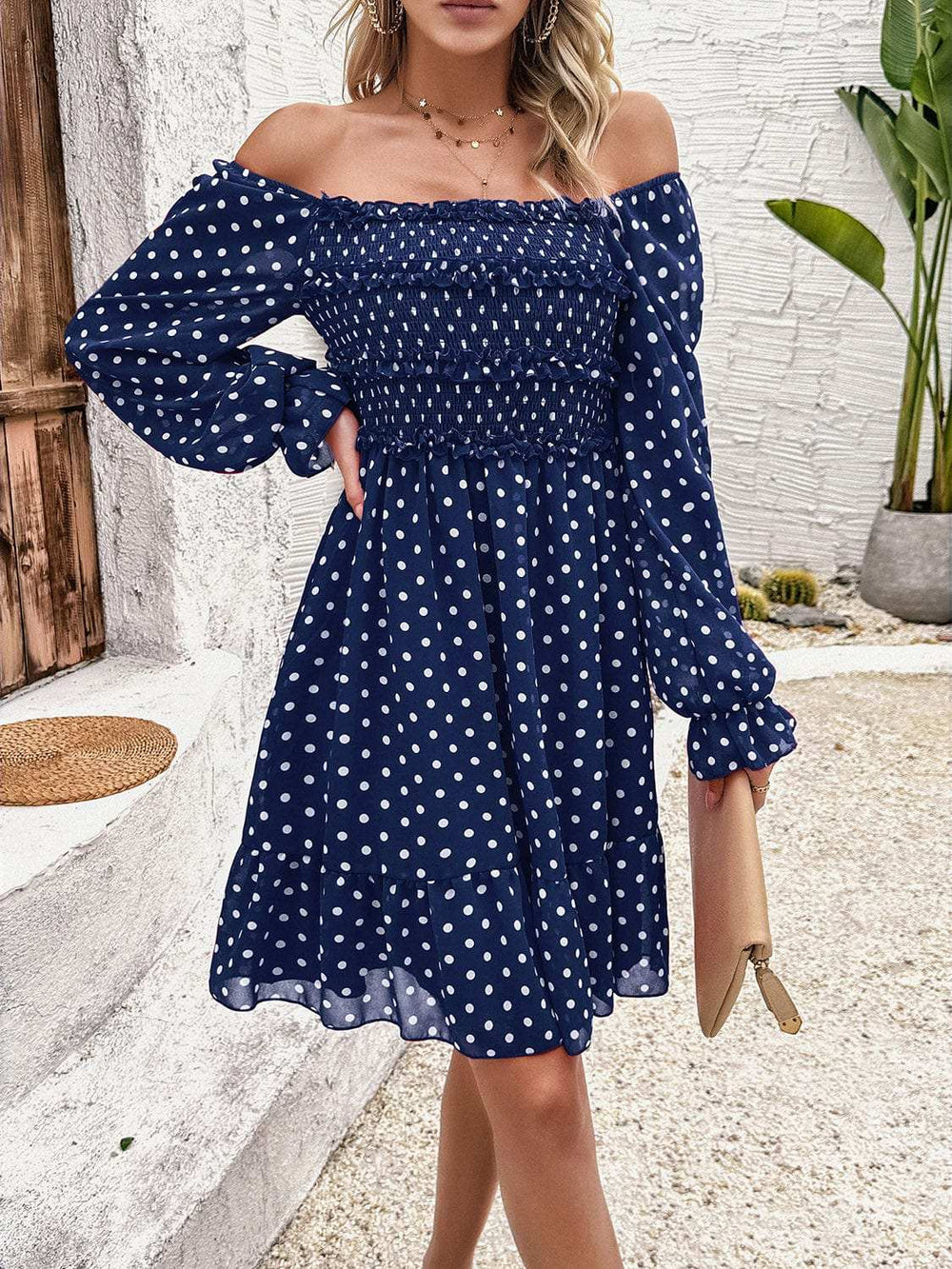 Smocked Polka Dot Long Sleeve Dress - Trendsi - Flyclothing LLC