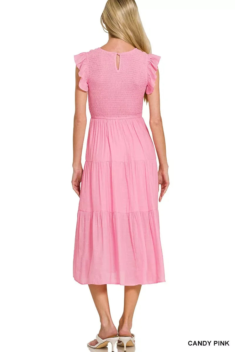 Zenana Woven Smocked Ruffle Sleeve Midi Dress - Trendsi - Flyclothing LLC