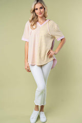 White Birch Full Size Striped Short Sleeve Drawstring Hooded Top - Trendsi - Flyclothing LLC
