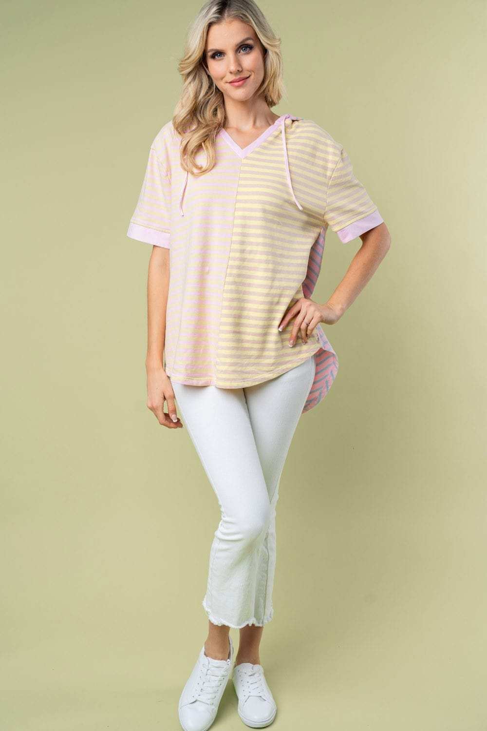 White Birch Full Size Striped Short Sleeve Drawstring Hooded Top - Trendsi - Flyclothing LLC