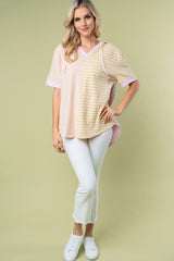 White Birch Full Size Striped Short Sleeve Drawstring Hooded Top Trendsi