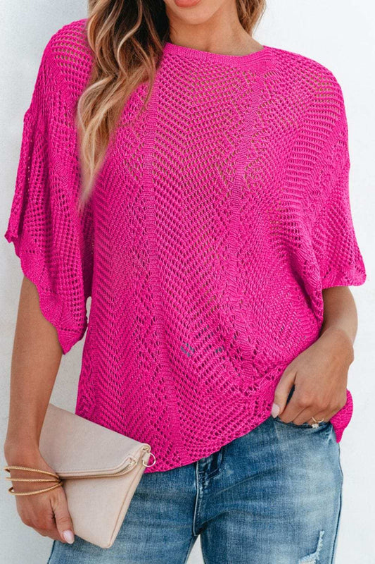 Scallop Edge Half Sleeve Pointelle Knit Top - Trendsi - Flyclothing LLC